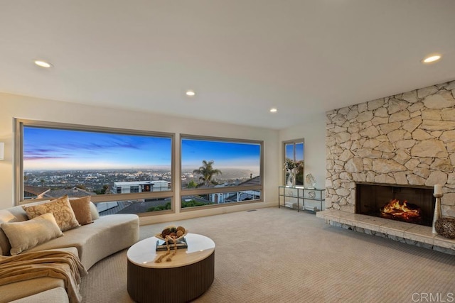 5946 Overlake Ave, Del Cerro, CA 92120 - living room with a fireplace, carpet, and recessed lighting