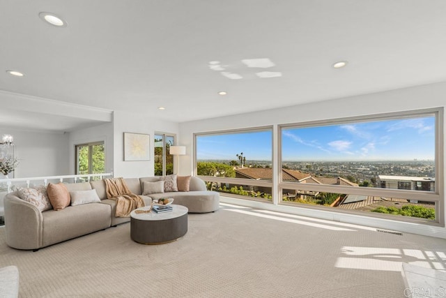 5946 Overlake Ave, Del Cerro, CA 92120 - carpeted living area featuring recessed lighting and a chandelier