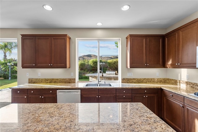 29243 Discovery Ridge Dr, Saugus, CA 91390 - kitchen featuring dishwasher, light stone counters, and recessed lighting