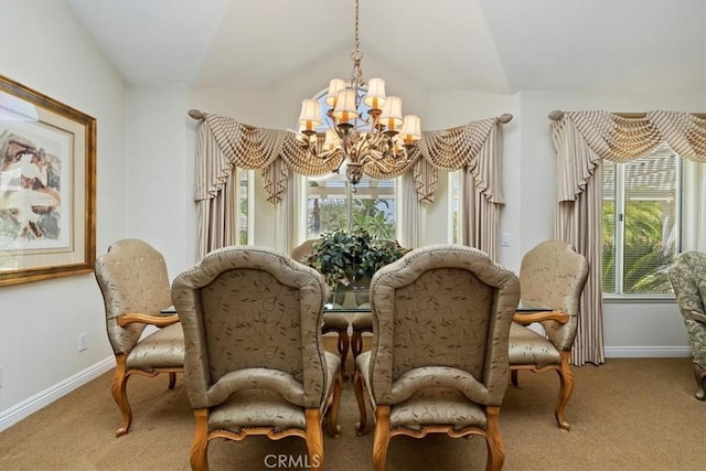 10847 Leota Ln, Riverside, CA 92503 - dining area featuring a chandelier, carpet flooring, and lofted ceiling