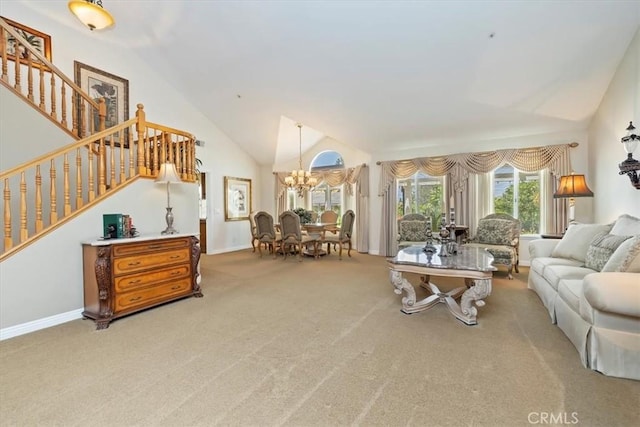 10847 Leota Ln, Riverside, CA 92503 - living room with a chandelier, stairs, carpet flooring, and high vaulted ceiling