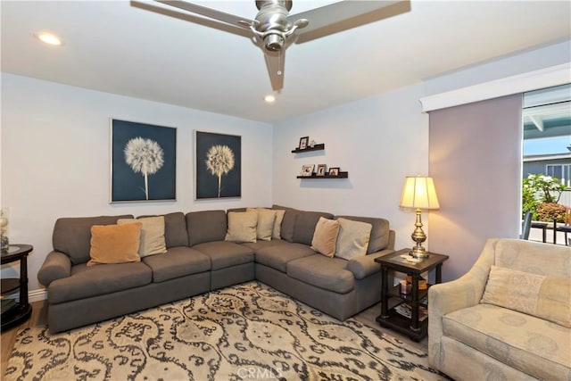 1335 N Vallejo Way, Upland, CA 91786 - living area featuring ceiling fan, wood finished floors, and recessed lighting