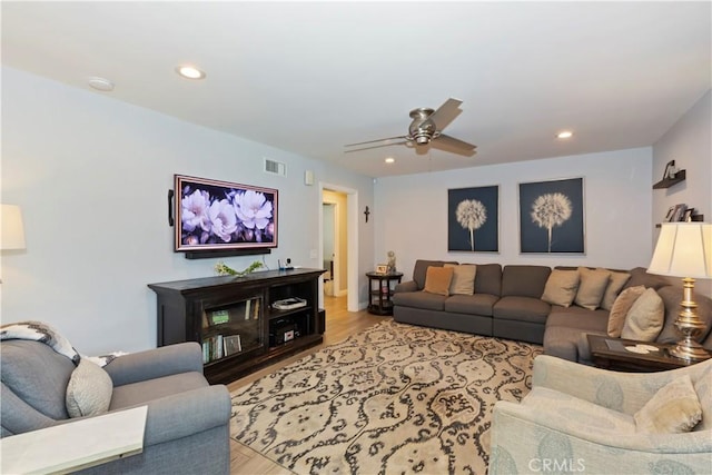 1335 N Vallejo Way, Upland, CA 91786 - living room with wood finished floors, ceiling fan, and recessed lighting