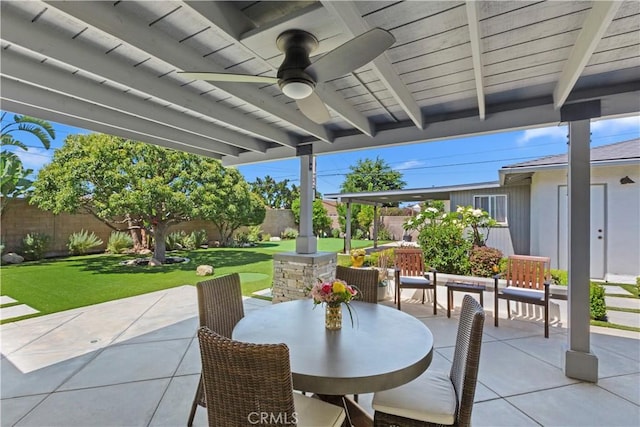 1335 N Vallejo Way, Upland, CA 91786 - fenced backyard featuring a patio area, outdoor dining space, and a ceiling fan