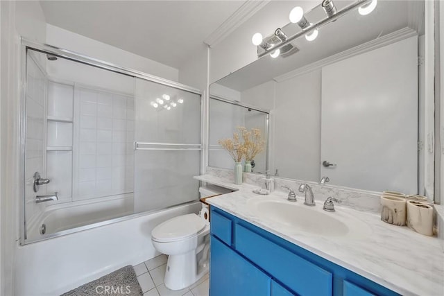 625 S Berendo St Unit 604, Los Angeles, CA 90005 - bathroom with vanity, tile patterned floors, bath / shower combo with glass door, and crown molding