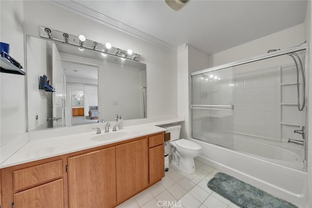 625 S Berendo St Unit 604, Los Angeles, CA 90005 - bathroom with tile patterned floors, vanity, bath / shower combo with glass door, and crown molding