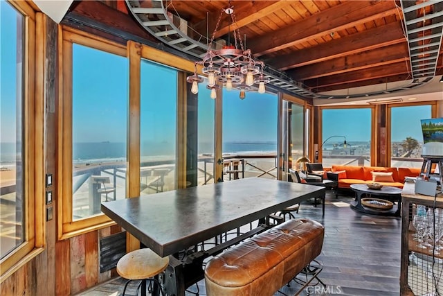 1 Anderson St, Seal Beach, CA 90743 - sunroom featuring hardwood / wood-style flooring, a water view, healthy amount of natural light, and a wood ceiling with exposed beams