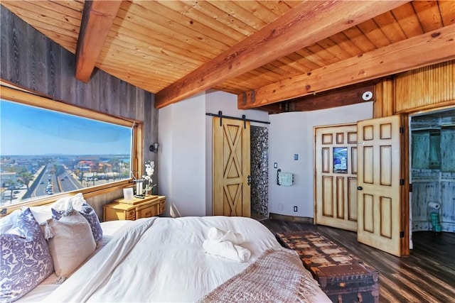 1 Anderson St, Seal Beach, CA 90743 - bedroom with a barn door, a wood ceiling with exposed beams, dark wood-type flooring, and wooden walls