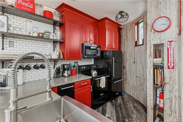 1 Anderson St, Seal Beach, CA 90743 - kitchen featuring black appliances, open shelves, dark wood-style flooring, backsplash, and light countertops