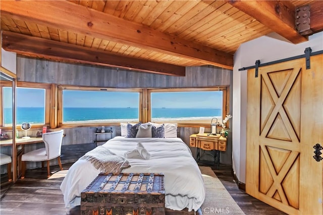 1 Anderson St, Seal Beach, CA 90743 - bedroom with a barn door, wood finished floors, a wood ceiling with exposed beams, a water view, and wood walls