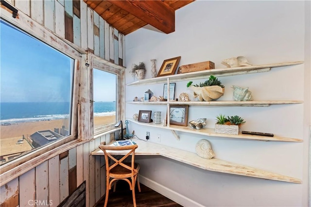 1 Anderson St, Seal Beach, CA 90743 - office space with view of water and beach, dark wood-style floors, and a wood ceiling with exposed beams