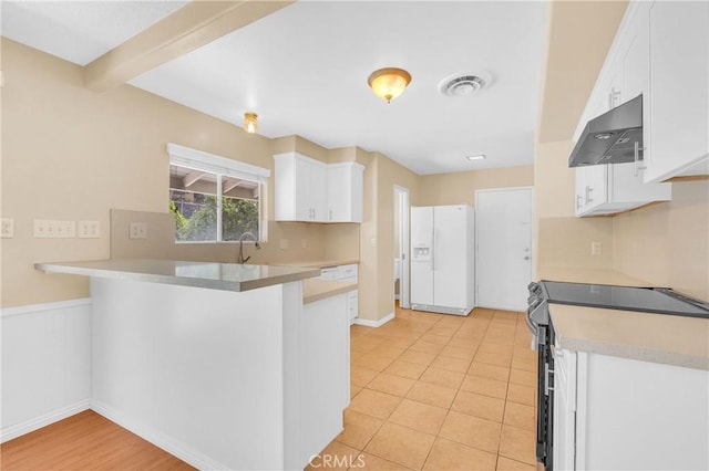 20468 College Blvd, Riverside, CA 92507 - kitchen with white refrigerator with ice dispenser, electric range, under cabinet range hood, a peninsula, and white cabinets