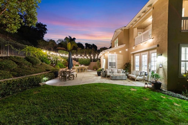 3474 Camino Cereza, Carlsbad, CA 92009 - view of yard with an outdoor hangout area, a patio area, a balcony, and french doors
