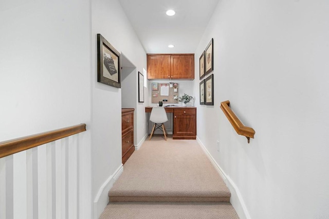 3474 Camino Cereza, Carlsbad, CA 92009 - stairway featuring built in study area, carpet, and recessed lighting