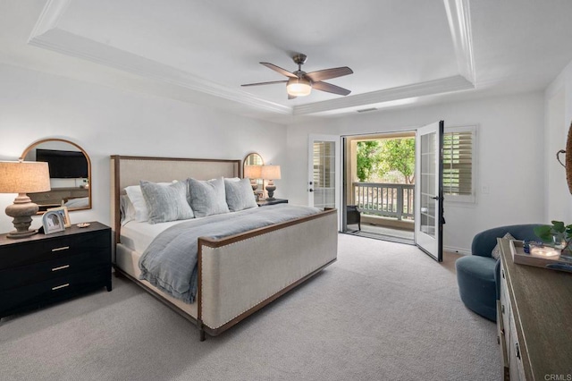 3474 Camino Cereza, Carlsbad, CA 92009 - bedroom featuring a raised ceiling, light carpet, access to exterior, ceiling fan, and crown molding