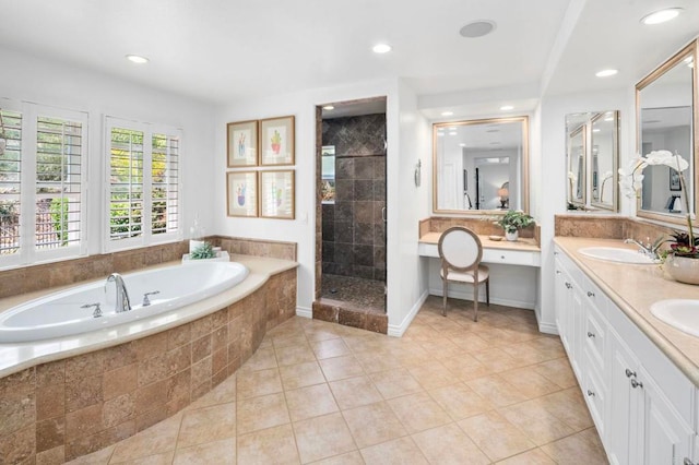 3474 Camino Cereza, Carlsbad, CA 92009 - full bath with a garden tub, tile patterned flooring, double vanity, tiled shower, and recessed lighting