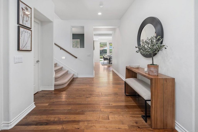3474 Camino Cereza, Carlsbad, CA 92009 - corridor featuring hardwood / wood-style flooring, stairway, and recessed lighting