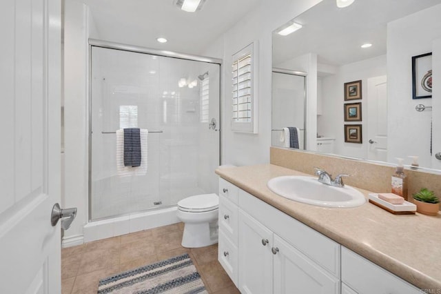 3474 Camino Cereza, Carlsbad, CA 92009 - bathroom with vanity, a shower stall, tile patterned flooring, recessed lighting, and healthy amount of natural light