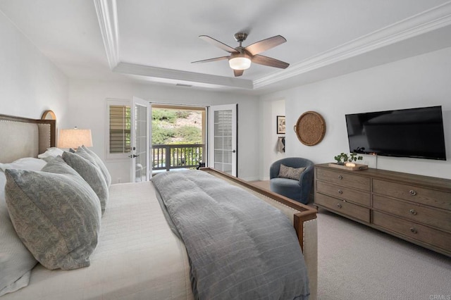3474 Camino Cereza, Carlsbad, CA 92009 - bedroom featuring a raised ceiling, access to exterior, a ceiling fan, crown molding, and carpet floors