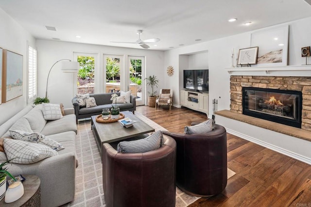 3474 Camino Cereza, Carlsbad, CA 92009 - living room featuring wood finished floors, a ceiling fan, a fireplace, and recessed lighting
