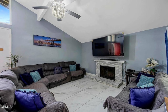 502 Holly Ave, Oxnard, CA 93036 - living room with ceiling fan, light marble finish floors, and a fireplace