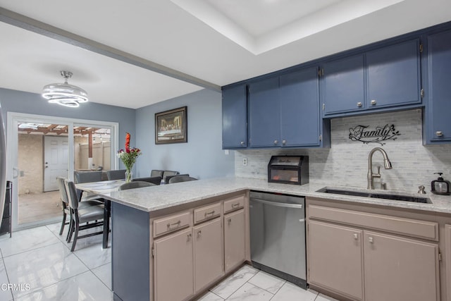 502 Holly Ave, Oxnard, CA 93036 - kitchen featuring dishwasher, a peninsula, blue cabinetry, light marble finish flooring, and backsplash