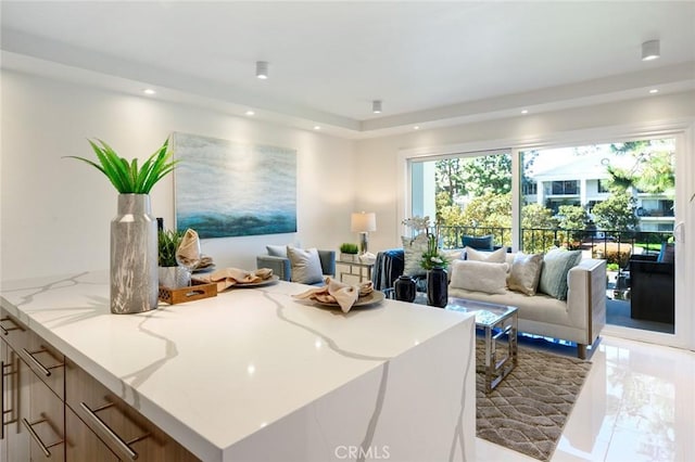 100 Scholz Plz Unit 205, Newport Beach, CA 92663 - living room featuring recessed lighting, light marble finish flooring, and a tray ceiling