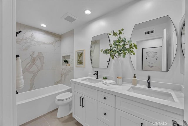 20441 Whitetree Cir, Huntington Beach, CA 92646 - bathroom featuring double vanity, tub / shower combination, tile patterned flooring, and recessed lighting