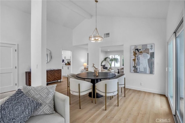 20441 Whitetree Cir, Huntington Beach, CA 92646 - dining room with high vaulted ceiling, beam ceiling, light wood finished floors, and a chandelier