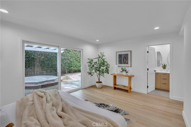 20441 Whitetree Cir, Huntington Beach, CA 92646 - bedroom featuring access to outside, light wood-style floors, recessed lighting, and connected bathroom