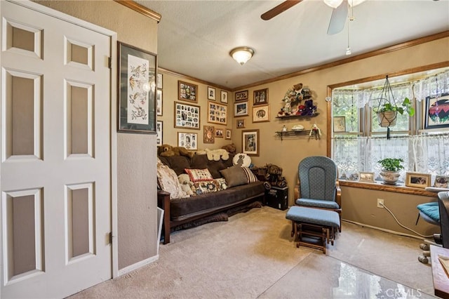 7050 Shale Rock Rd, Paso Robles, CA 93446 - living area with carpet flooring, ornamental molding, and a ceiling fan