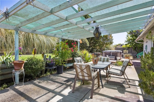 7050 Shale Rock Rd, Paso Robles, CA 93446 - view of patio featuring a hot tub, outdoor dining area, and a pergola