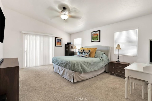 15558 Lookout Rd, Apple Valley, CA 92307 - bedroom featuring light carpet, lofted ceiling, and ceiling fan