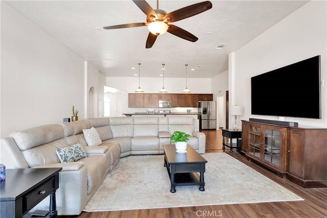 15558 Lookout Rd, Apple Valley, CA 92307 - living area featuring wood finished floors and ceiling fan