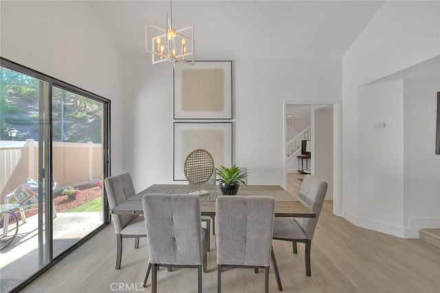 1207 Porto Grande Unit 1, Diamond Bar, CA 91765 - dining room with light wood-type flooring, stairs, a chandelier, and a high ceiling