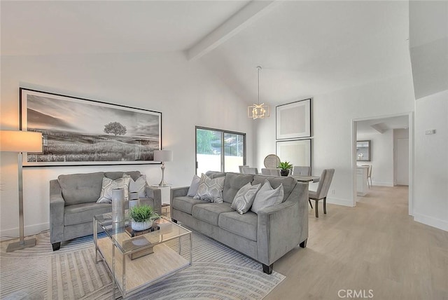 1207 Porto Grande Unit 1, Diamond Bar, CA 91765 - living area with light wood-style floors, beam ceiling, a chandelier, and high vaulted ceiling