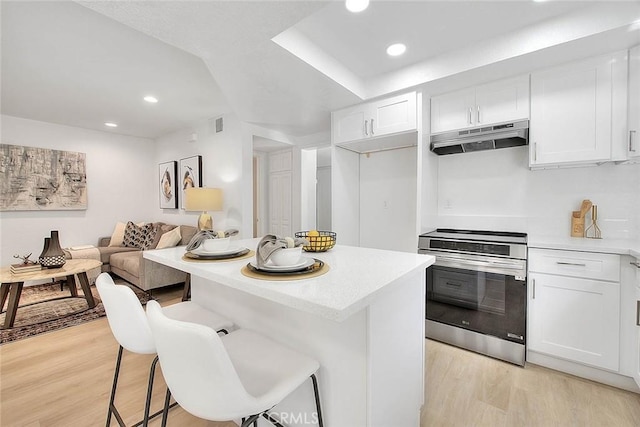 1207 Porto Grande Unit 1, Diamond Bar, CA 91765 - kitchen featuring under cabinet range hood, light wood-type flooring, white cabinetry, and recessed lighting