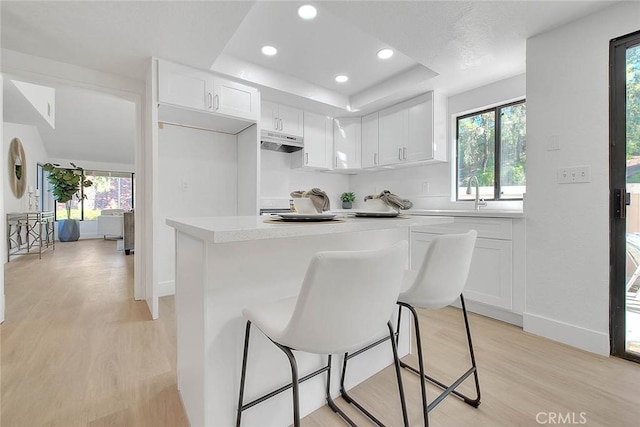 1207 Porto Grande Unit 1, Diamond Bar, CA 91765 - kitchen with under cabinet range hood, light wood finished floors, white cabinetry, and recessed lighting