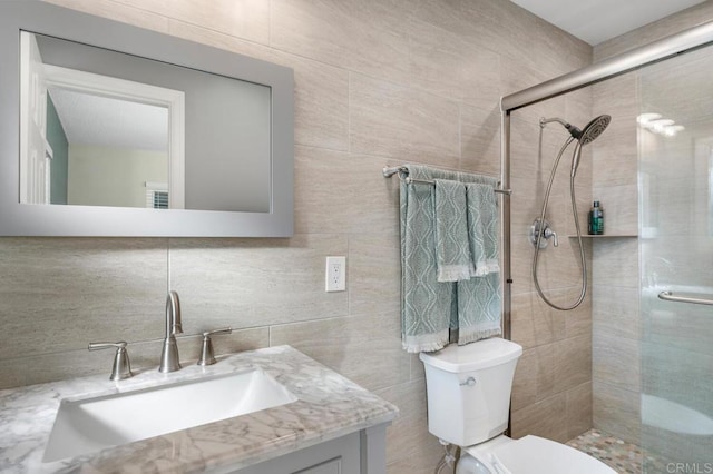 2722 Penkea Dr, Oceanside, CA 92054 - full bathroom featuring vanity, a tile shower, tile walls, and tasteful backsplash