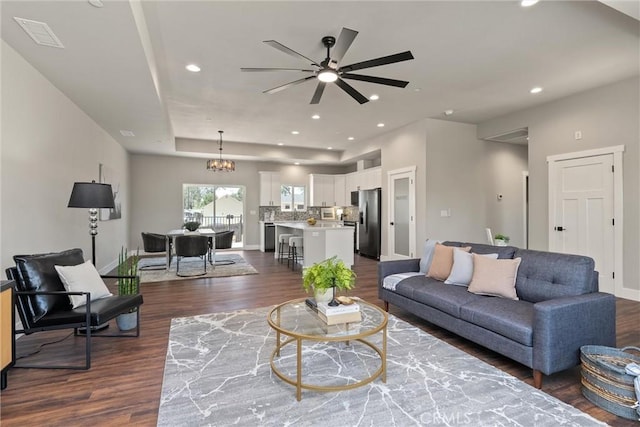 6169 Fern Ln, Paradise, CA 95969 - living area with dark wood finished floors, a ceiling fan, recessed lighting, and a chandelier