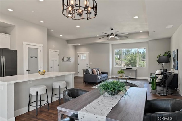 6169 Fern Ln, Paradise, CA 95969 - dining area featuring recessed lighting, dark wood-style floors, a chandelier, and a ceiling fan