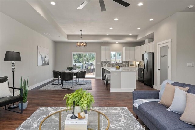 6169 Fern Ln, Paradise, CA 95969 - living room with dark wood finished floors, ceiling fan, and recessed lighting