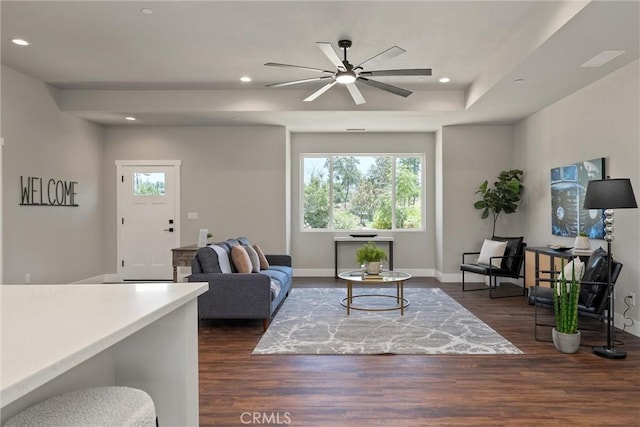 6169 Fern Ln, Paradise, CA 95969 - living room with dark wood-style flooring, ceiling fan, recessed lighting, and healthy amount of natural light