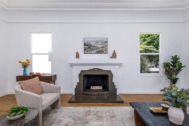 4325 9th Ave, Los Angeles, CA 90008 - living room featuring wood finished floors, crown molding, and a tiled fireplace