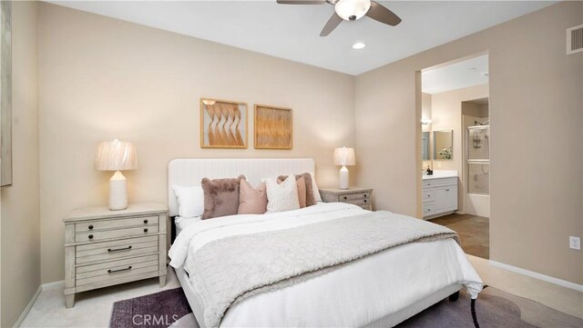 66 Full Moon, Irvine, CA 92618 - bedroom featuring light colored carpet, connected bathroom, recessed lighting, and a ceiling fan