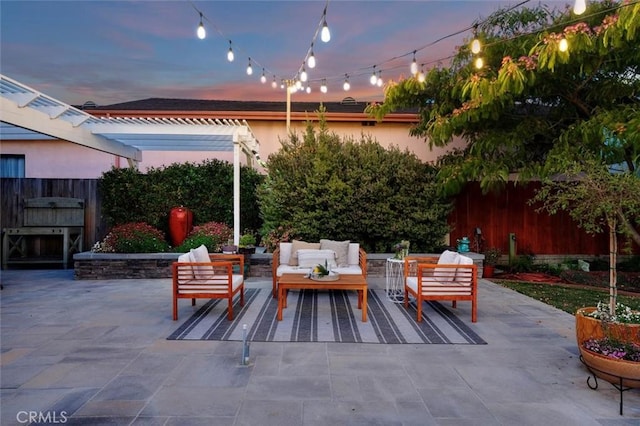 2322 246th St, Lomita, CA 90717 - patio terrace at dusk with an outdoor living space, a patio area, and a pergola