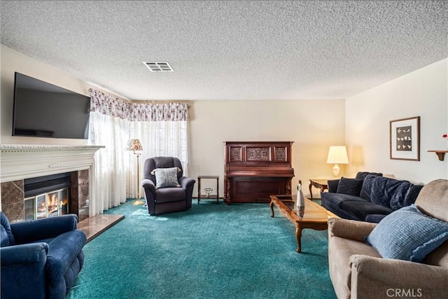 37229 Dalzell St, Palmdale, CA 93550 - living room featuring carpet flooring, a glass covered fireplace, and a textured ceiling