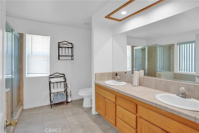 14480 Nevada Rd, Phelan, CA 92371 - bathroom featuring a shower stall, double vanity, and tile patterned flooring