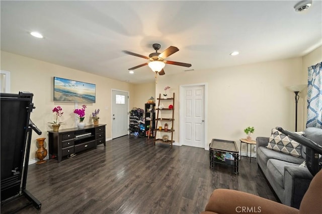 6838 Severn Dr, Paramount, CA 90723 - living room featuring wood finished floors, ceiling fan, and recessed lighting