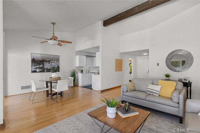 5650 Sumner Way Unit 309, Culver City, CA 90230 - living room with a ceiling fan, light wood-style floors, high vaulted ceiling, and beamed ceiling